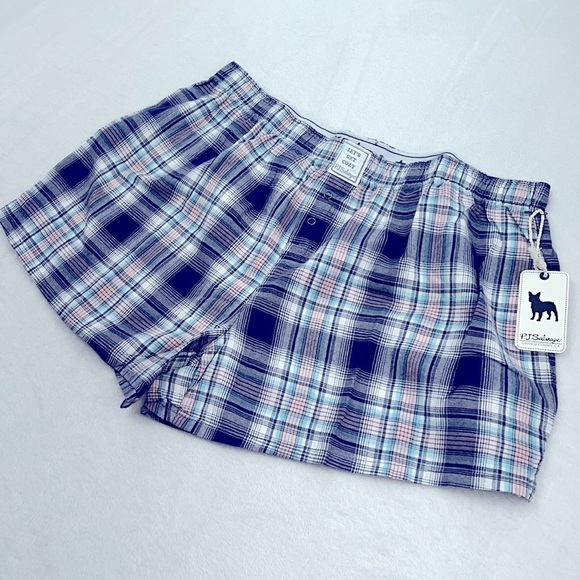 NWT PJ Salvage XL 100% Cotton Blue Pink Plaid Boxer Short Pajama - Picture 1 of 11